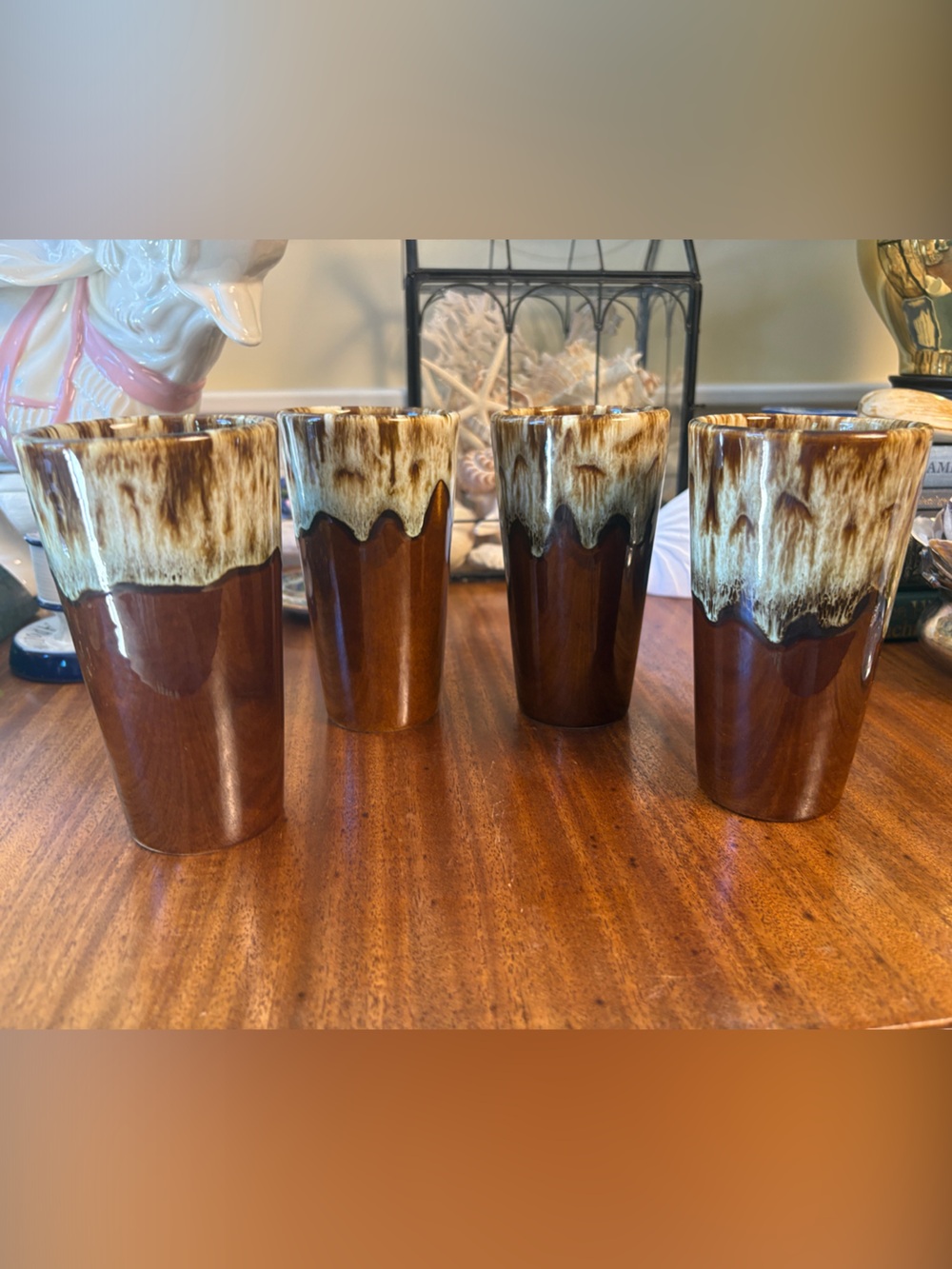 Hull Pottery Brown Ceramic Tumbler Set with Cream Drip-Glaze — Set of 4